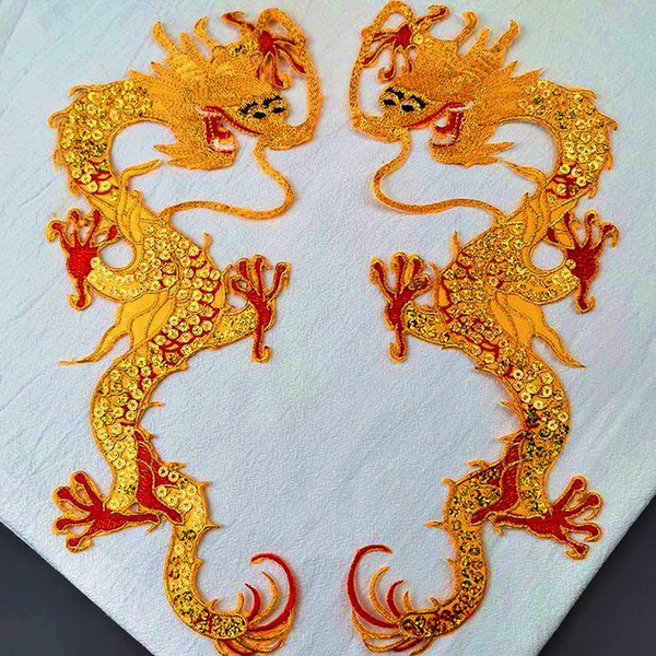 2枚セット ワッペン 金竜 龍 りゅう 和服 着物 刺繍 アイロン 赤足金龍