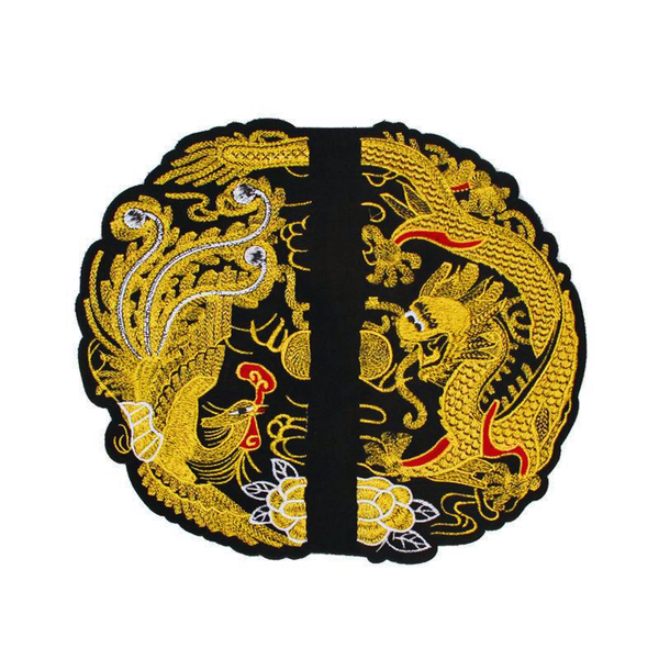 ワッペン Wappen 民族風 真中切2枚としても 豪華刺繍 神獣 金竜 金鳳 龍翔鳳舞