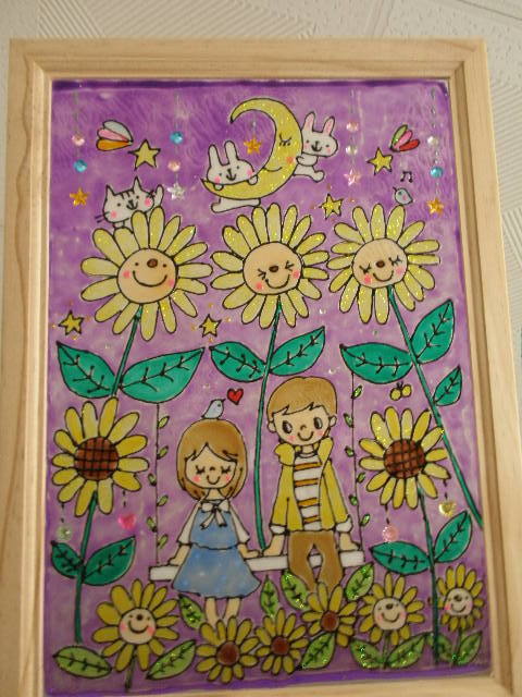 ★NO.A90★Estilo vitral, tamaño A4, girasol, verano, noche, chica, chico, balancearse, decoración, ilustración, hecho a mano, interior, bienes varios, Artículos hechos a mano, interior, bienes varios, otros