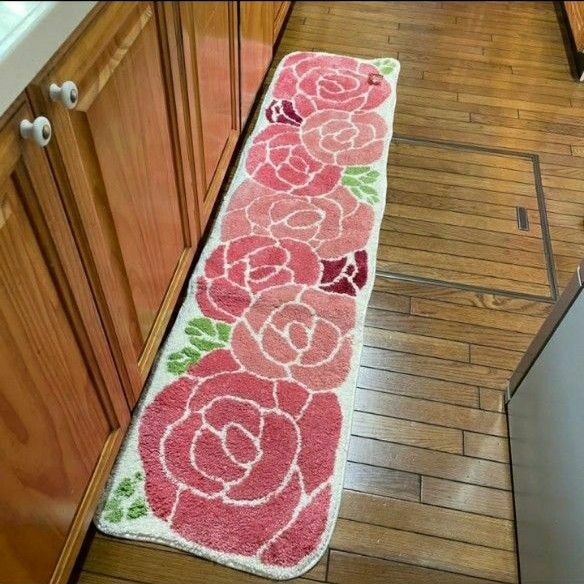 キッチンマット 180 おしゃれ ロングマット ダイカットローズ ピンク 薔薇 45×180cm