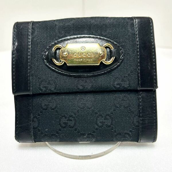 ◆GUCCI グッチ◆ 折り財布　GGキャンバス×レザー　小銭入れ有　ブラック　MADE IN ITALY　145747.0416 【USED】0216