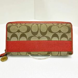 ☆良品☆ ◆COACH コーチ◆　長財布　ラウンドジップ　シグネチャー　キャンバス×レザー　オレンジ　40753 【USED】0223