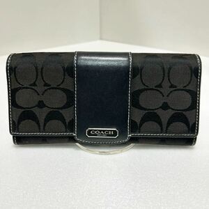 ◆COACH コーチ◆　長財布　フラップ式　シグネチャー　キャンバス×レザー　小銭入れ有　ロゴ刻印　ブラック 【USED】0224