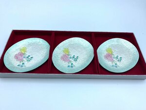 □●安藤七宝店 薔薇モチーフ 菓子皿 3枚セット 13×10cm 七宝皿 七宝焼 和菓子 小皿(S0201)