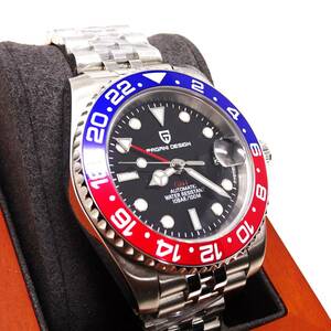送料無料：新品・パガーニデザインブランド・機械式腕時計 ・GMT針オマージュウオッチ・ペプシベゼル・ジュビリーメタルストラップPD-1662