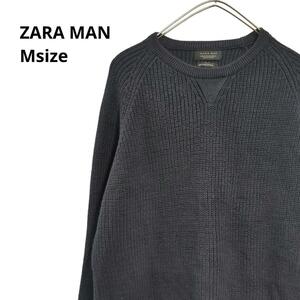 ZARA MAN ノーカラーニット　シンプル　紺　秋冬　メンズM b19