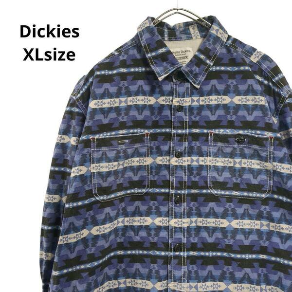 Dickies　ネイティブ柄長袖シャツ　総柄青メンズXL c3