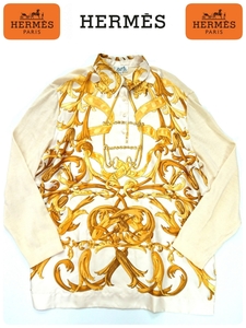 超稀少 HERMES エルメス 国内正規品 イタリア製 最高級スカーフ柄シルクブラウスパネルカシミア混コットンニット L 良品 