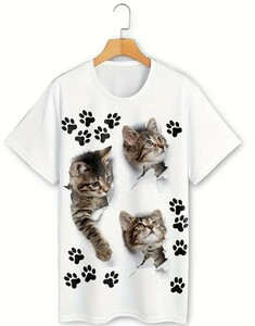 ★かわいい猫の足跡のTシャツ、春夏用のカジュアルなクルーネック半袖Tシャツ、女性の服装　M 