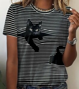 ★ストライプ&猫プリントTシャツ カジュアル クルーネック 半袖 夏 Tシャツ 婦人服　黒猫　Mサイズ　猫　ねこ