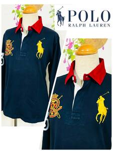 RALPH LAUREN　ラルフローレン　ラガーシャツ　ビックポロマーク＆エンブレム＆３　ネイビー×レッド　長そで　サイズBOY’S　150