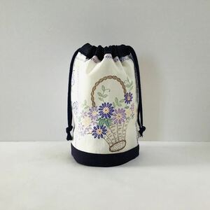 【即決】ハンドメイド マチ付き ミニ巾着 コップ袋 ステッチプリント 刺繍プリント 花かご 小鳥