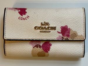 B4B013◆ コーチ COACH PVC ホワイト色系 ロゴ 花柄 キーリング付き 6連キーケース