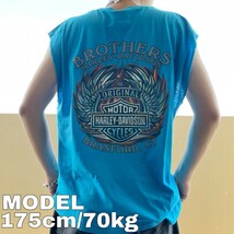 ハーレーダビッドソン ノースリーブ プリントTシャツ 2XL ブルー 水色 黒_画像1