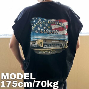 ハーレーダビッドソン ノースリーブ プリントTシャツ USA製 3XL 黒 青