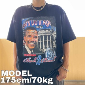 オバマ ビッグプリントTシャツ ひび割れプリント 黒ブラック 2XL メキシコ製