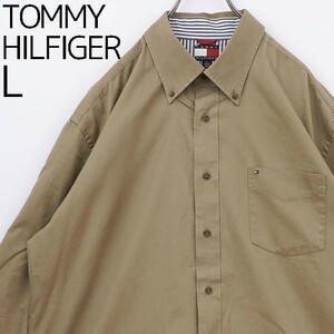 トミーヒルフィガー シャツ 胸ポケット エンブレム刺繍 ベージュ90s XL