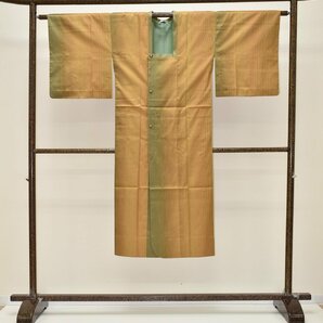 【ちどりや】美品 正絹 ロング塵除けコート 単衣 Takashimaya扱い 身丈132cm/裄65cm TL寸 肩当て付 たて縞暈し 黄朽葉 B323の画像1