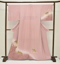 【ちどりや】未使用品 美品 正絹縮緬 付下げ 袷 広衿 さが美扱い 身丈164.5cm/裄65.5cm L寸 金彩加工 扇面 枝桜 三分咲き 裾暈し 薄柿 B265_画像1