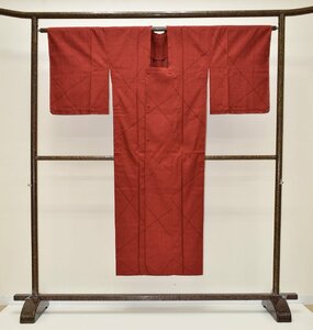 【ちどりや】未使用品 美品 正絹 ロング塵除けコート 単衣 身丈142cm/裄67.5cm TL寸 格子絣調 変わり襷格子 茜色 躾付 B347