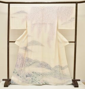 【ちどりや】美品 正絹縮緬 訪問着 袷 広衿 身丈165.5cm/裄68cm TL寸 おぼろ染め風 枝垂れ桜 白 B221