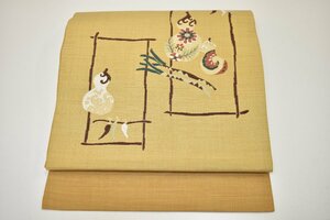 【ちどりや】未使用品 美品 正絹 九寸名古屋帯 普段使いに♪ 花瓢箪 長ネギ 唐辛子 蘭茶 G201