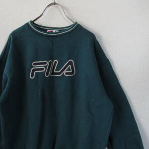 ○良品 90s FILA フィラ◆USA製 スウェット トレーナー 刺繍ロゴ 90年代 ヴィンテージ◆レディース グリーン Lサイズ