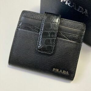 ★PRADA プラダ 札入れ カードケース クロコ型押し ブラック 2MC063 メンズ 中古【鑑定済み 本物保証】