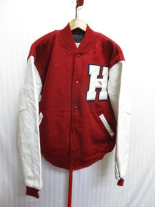 USA製　MAVERICK　90sヴィンテージ　袖革スタジャン　メンズスタジアムジャンパー　赤白　リアルレザージャケット　ウールジャンパー02072
