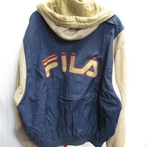 FILA フィラ 90sヴィンテージ フード付きスタジャン メンズXL ベージュ紺 スタジアムジャンパー ナイロンスウェットジャケット02152の画像3