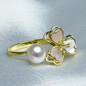 綺麗！花珠級本真珠×天然貝殻　7-8mm 天然パールリング　　指輪　フリーサイズ