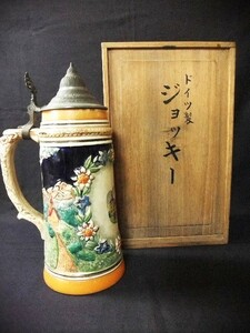 【睦】ドイツ製 ビアマグ 陶器ビアジョッキ 蓋付き アンティーク コレクション 共箱■