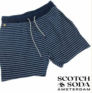 SCOTCH & SODA AMSTERDAM メンズ パイル地ハーフパンツ ネイビー×ホワイト ボーダー Lサイズ 綿100％