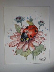 Art hand Auction 水彩画 花とてんとう虫, 絵画, 水彩, 動物画