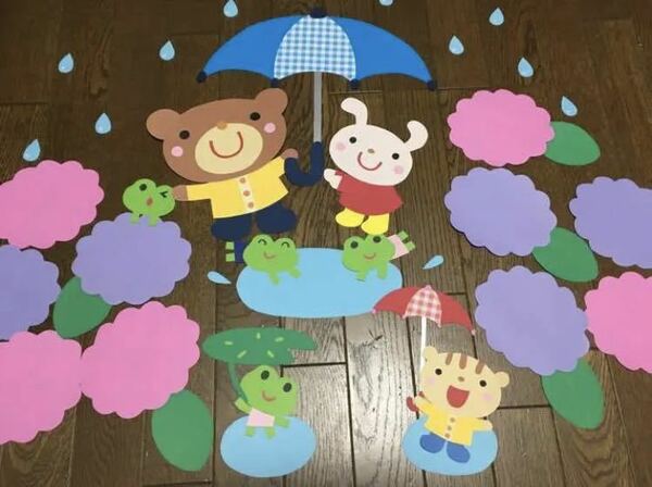 ☆大きな壁面飾り☆一緒に作ろう 雨の日のあじさい 梅雨 幼稚保育園 施設 病院