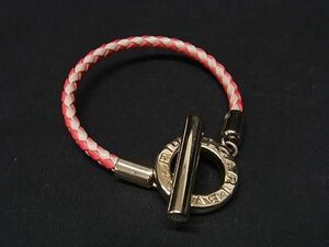 1円 ■美品■ BVLGARI ブルガリブルガリ レザー ブレスレット アクセサリー レディース レッド系×シルバー系 AS9190