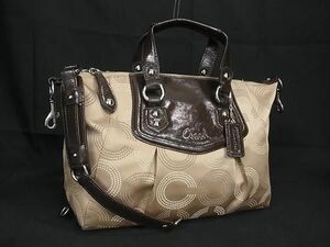 1円 ■美品■ COACH コーチ F20027 オプアート サッチェル ナイロンキャンバス 2WAY ハンドバッグ ショルダー ベージュ系 AS6348