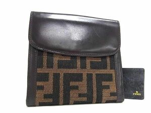 1円 ■美品■ FENDI フェンディ ズッカ柄 キャンバス×レザー 二つ折り 財布 ウォレット 小銭入れ 札入れ ブラウン系 AW2100