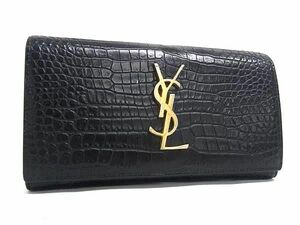 1円 YVESSAINTLAURENT イヴサンローラン クロコダイル型押しレザー 二つ折り 長財布 ウォレット 札入れ 小銭入れ ブラック系 AW2156