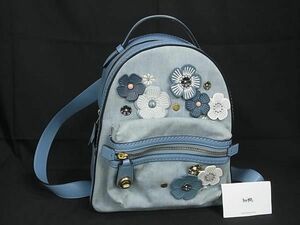 1円 ■美品■ COACH コーチ 54068 デニム×レザー フラワー 花柄 リュックサック デイパック バックパック ライトブルー AU9949