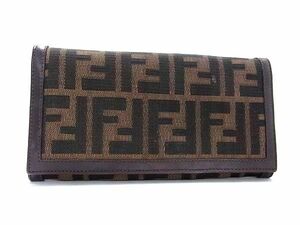 1円 FENDI フェンディ ズッカ柄 ナイロンキャンバス×レザー 二つ折り 長財布 ウォレット 札入れ レディース ブラウン系 AW2251