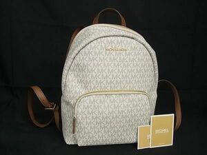 1円 ■極美品■ MICHAEL KORS マイケルコース MK柄 PVC×レザー リュックサック バックパック レディース ホワイト系×ブラウン系 AU9976