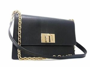 1円 ■新品同様■ FURLA フルラ 1927 レザー ターンロック チェーン クロスボディ ショルダーバッグ レディース ブラック系 AS9498