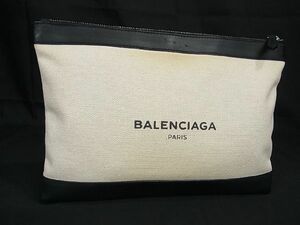 1円 ■美品■ BALENCIAGA バレンシアガ 373834 ネイビークリップ キャンバス×レザー クラッチバッグ セカンドバッグ ベージュ系 BF4952S1