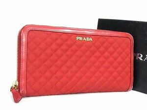 1円 PRADA プラダ テスートナイロン×レザー キルティング ラウンドファスナー 長財布 ウォレット 小銭入れ 札入れ レッド系 AW2073