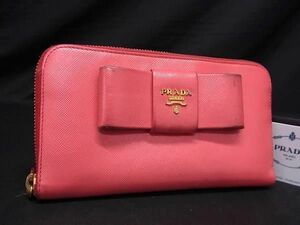 1円 PRADA プラダ 1M1132 サフィアーノレザー リボン ラウンドファスナー 長財布 ウォレット レディース ピンク系 AW2289