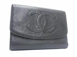 1円 CHANEL シャネル ココマーク キャビアスキン 三つ折り 財布 ウォレット 札入れ 小銭入れ カード入れ レディース ブラック系 AX0966