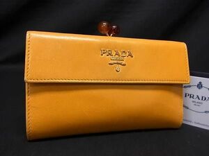 1円 PRADA プラダ 1M1307 レザー 三つ折り がま口 財布 ウォレット レディース イエロー系 AT9589