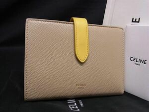 1円 ■美品■ CELINE セリーヌ ミディアム ストラップ ウォレット レザー 二つ折り 財布 レディース ベージュ系×イエロー系 AS9007