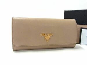 1円 PRADA プラダ 1MH132 サフィアーノレザー 二つ折り 長財布 ウォレット レディース メンズ ベージュ系 AU8225